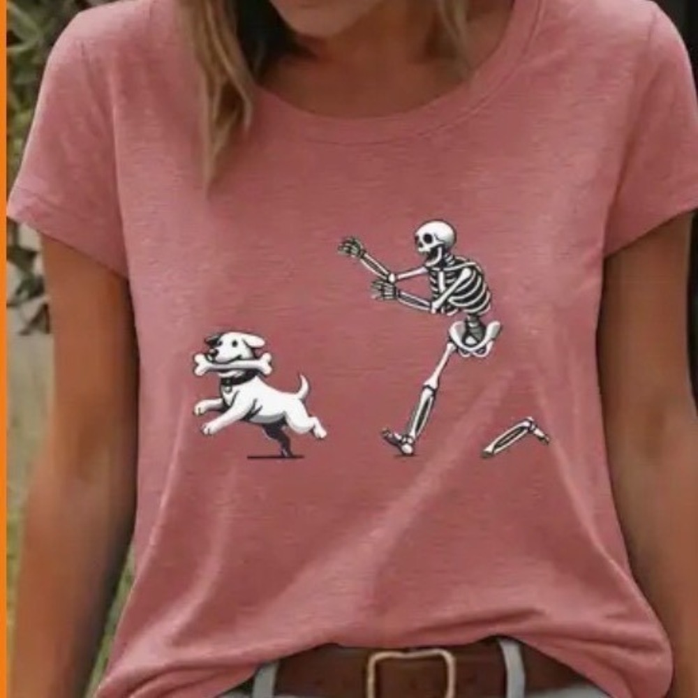 Skeleton Chasing Dog Graphic Tee Coral Pink Heathered XL Spooky Halloween Shirt